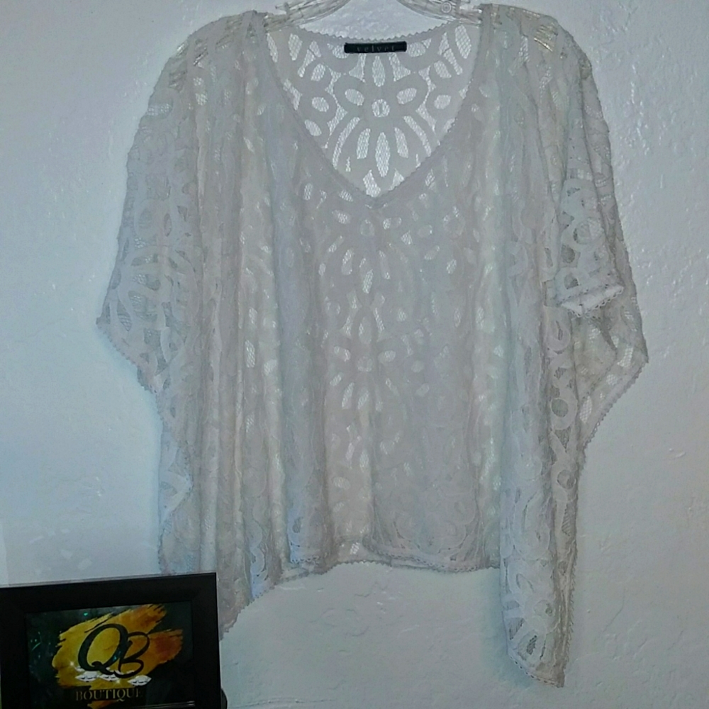 Small Velvet Lace Sheer See Through Drape Butterfly Sleeves White Blouse